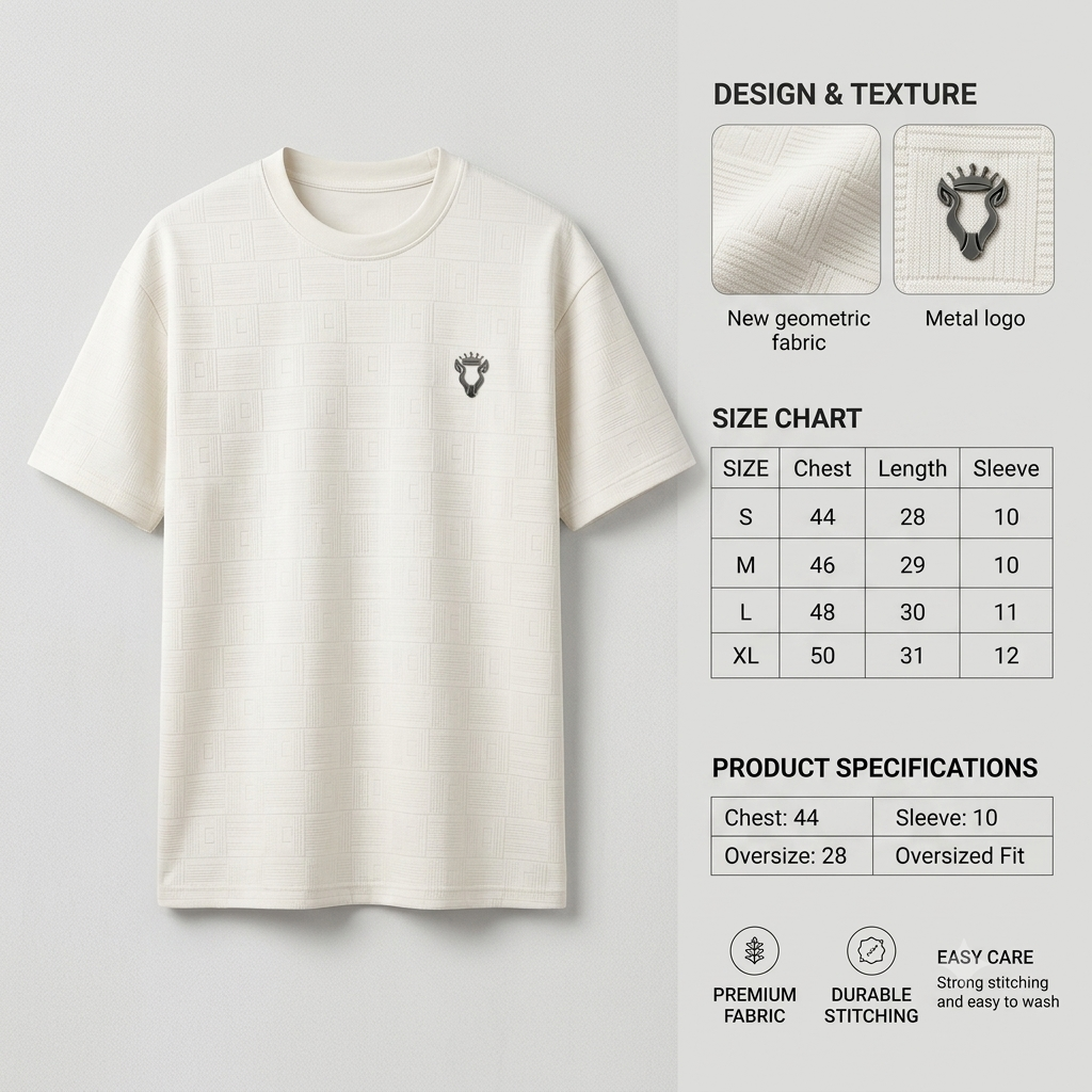 Lumio Verden Geometric Texture Oversized Tee - cream with metal logo badge