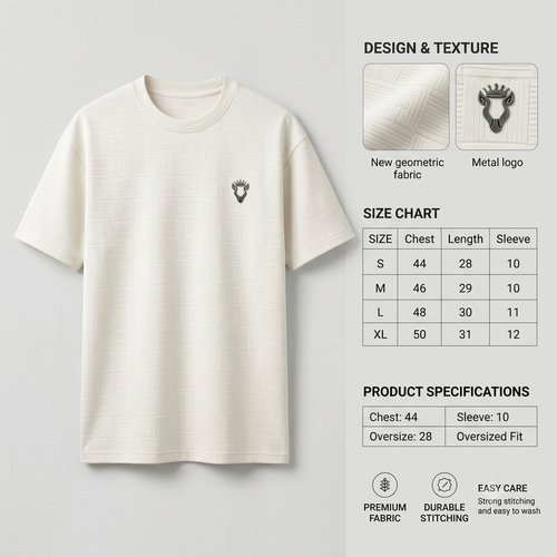 Lumio Verden Geometric Texture Oversized Tee - cream with metal logo badge